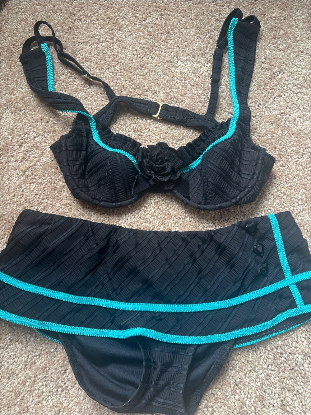 Betsey Johnson Black Bikini with Teal Trim and Rosette